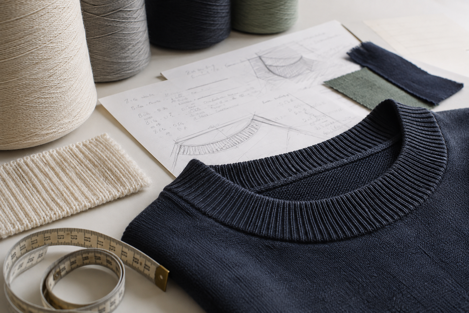 Knitwear neckline development brief with yarns and measurement notes