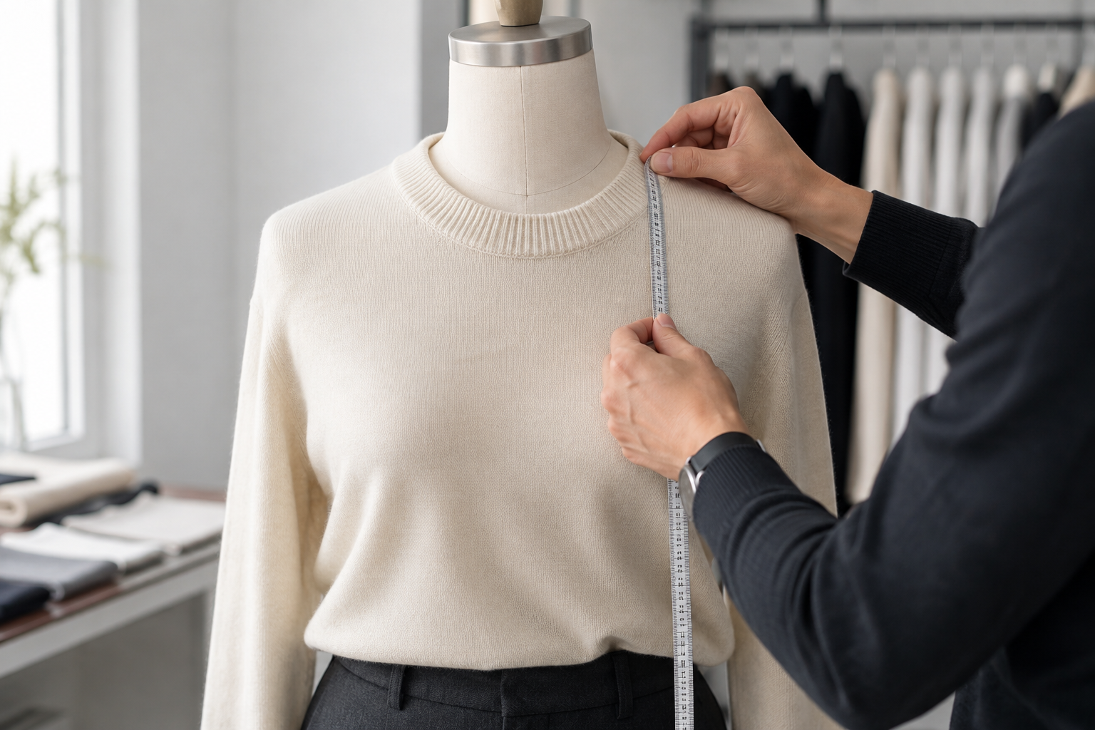 Representative-size knitwear fit review focused on collar recovery and symmetry