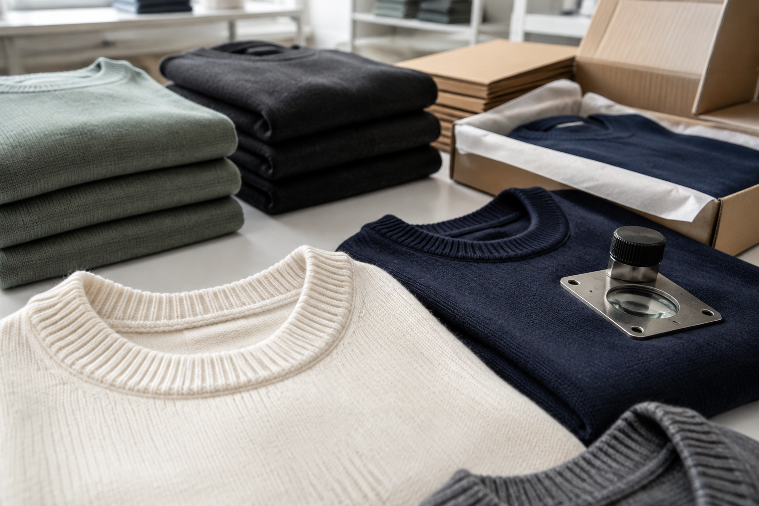 Finished knitwear collar inspection and careful packing for shipment