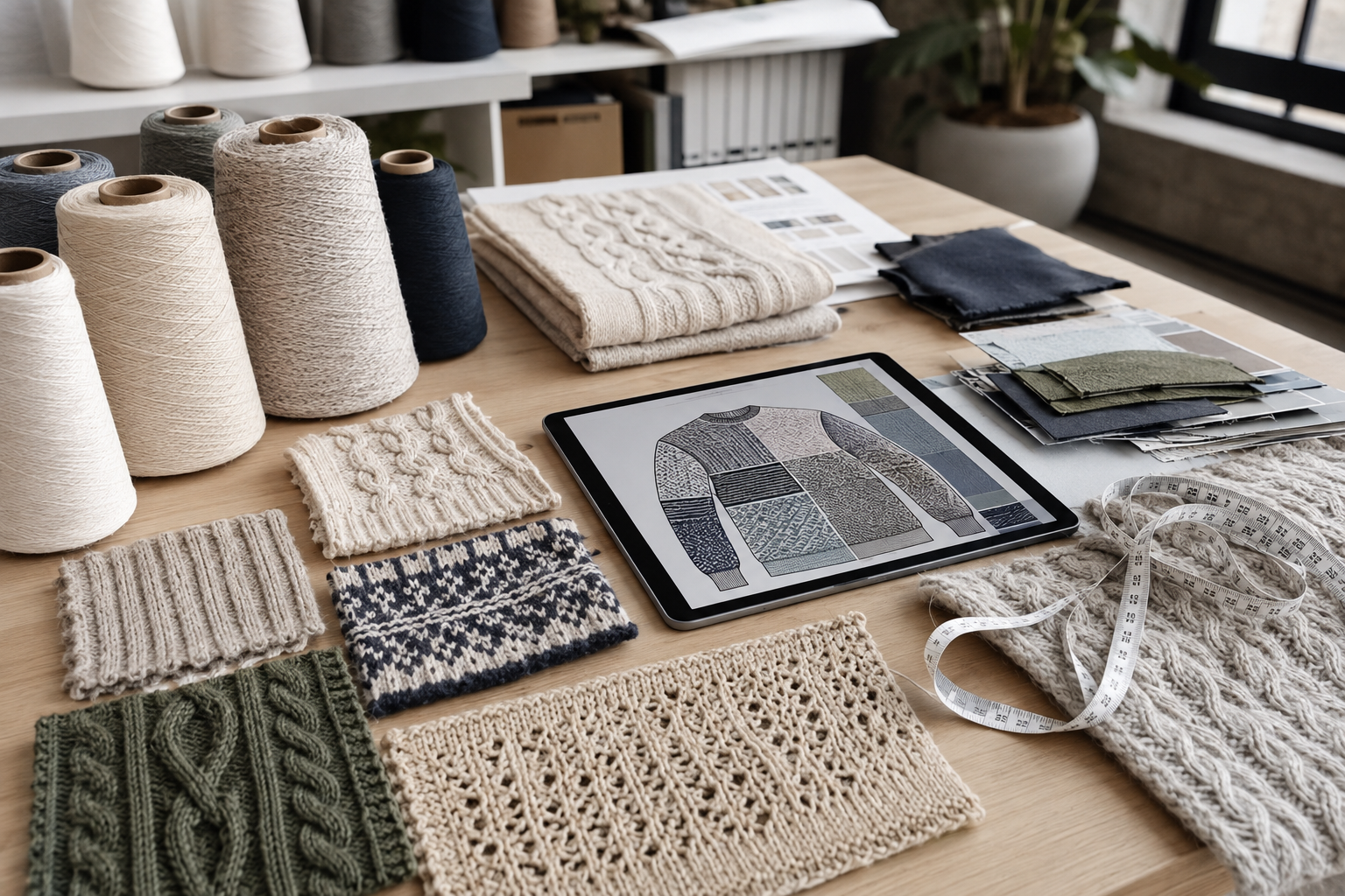 Knitwear development brief with pattern zones and yarn swatches