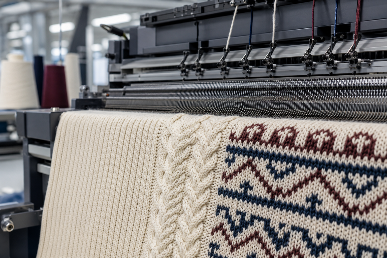 Close editorial view of mixed knit structures on a computerized flat knitting machine