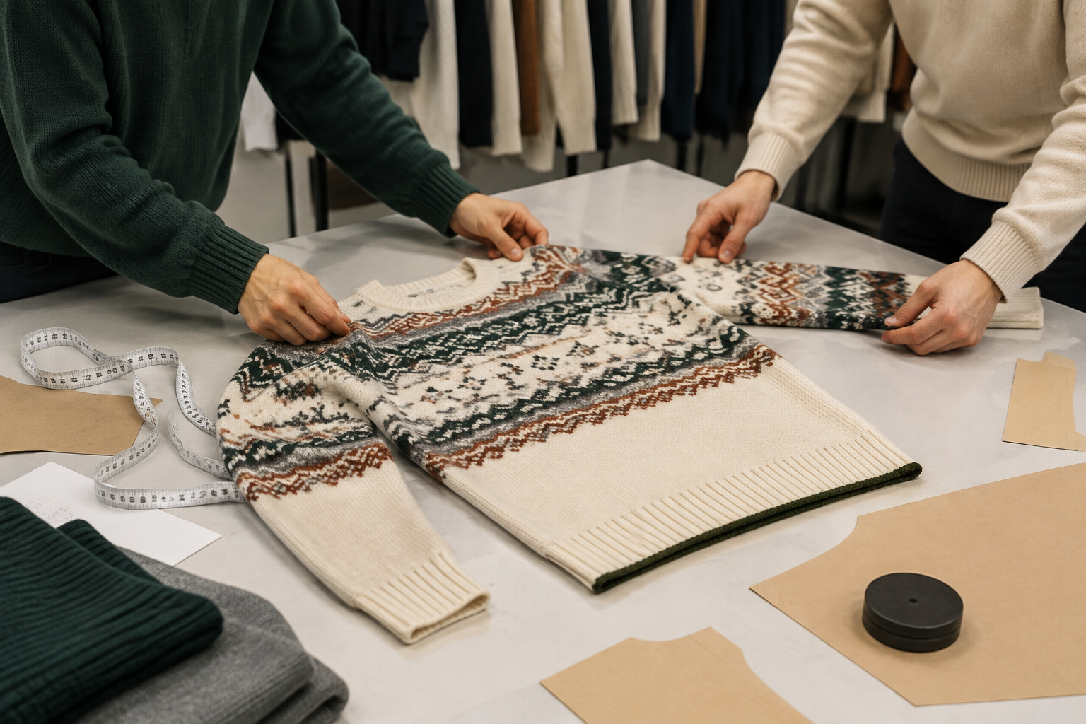 Product team reviewing a representative patterned knitwear sample for fit and alignment