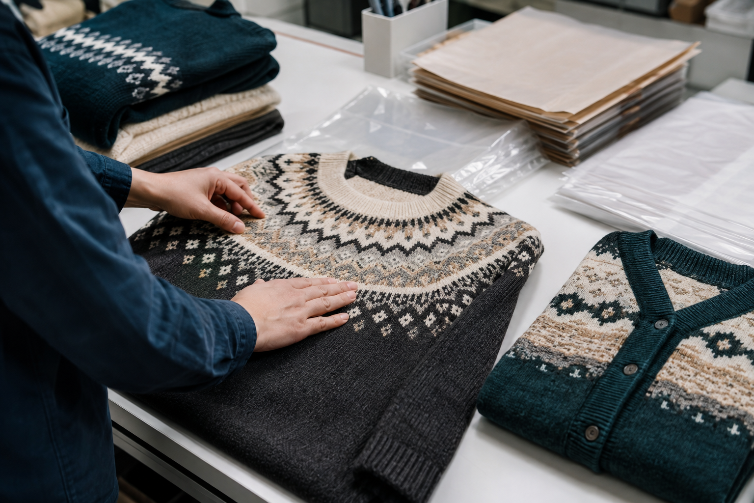 Finished patterned knitwear undergoing appearance inspection and careful packaging