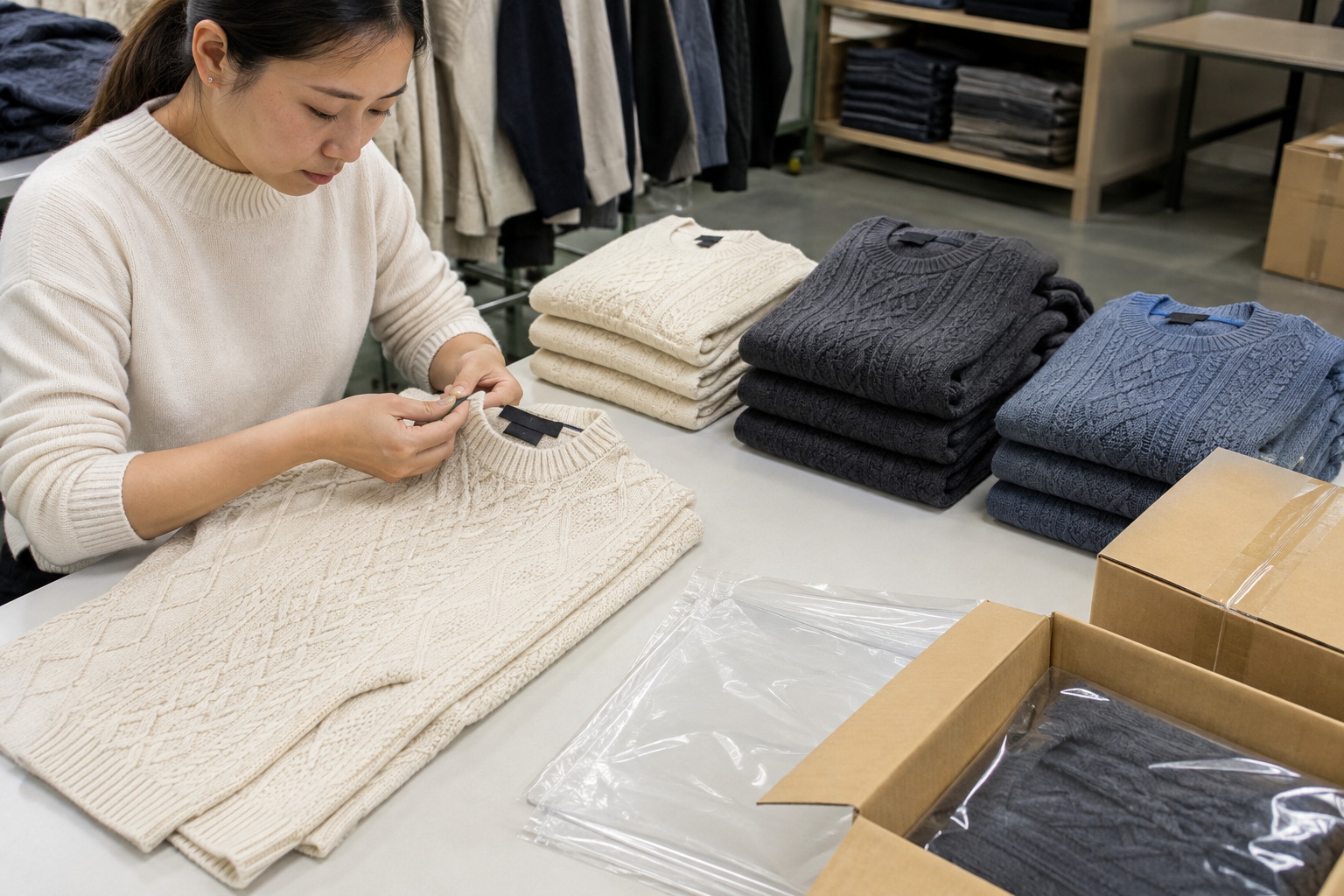 Finished knitwear inspection and packing readiness review