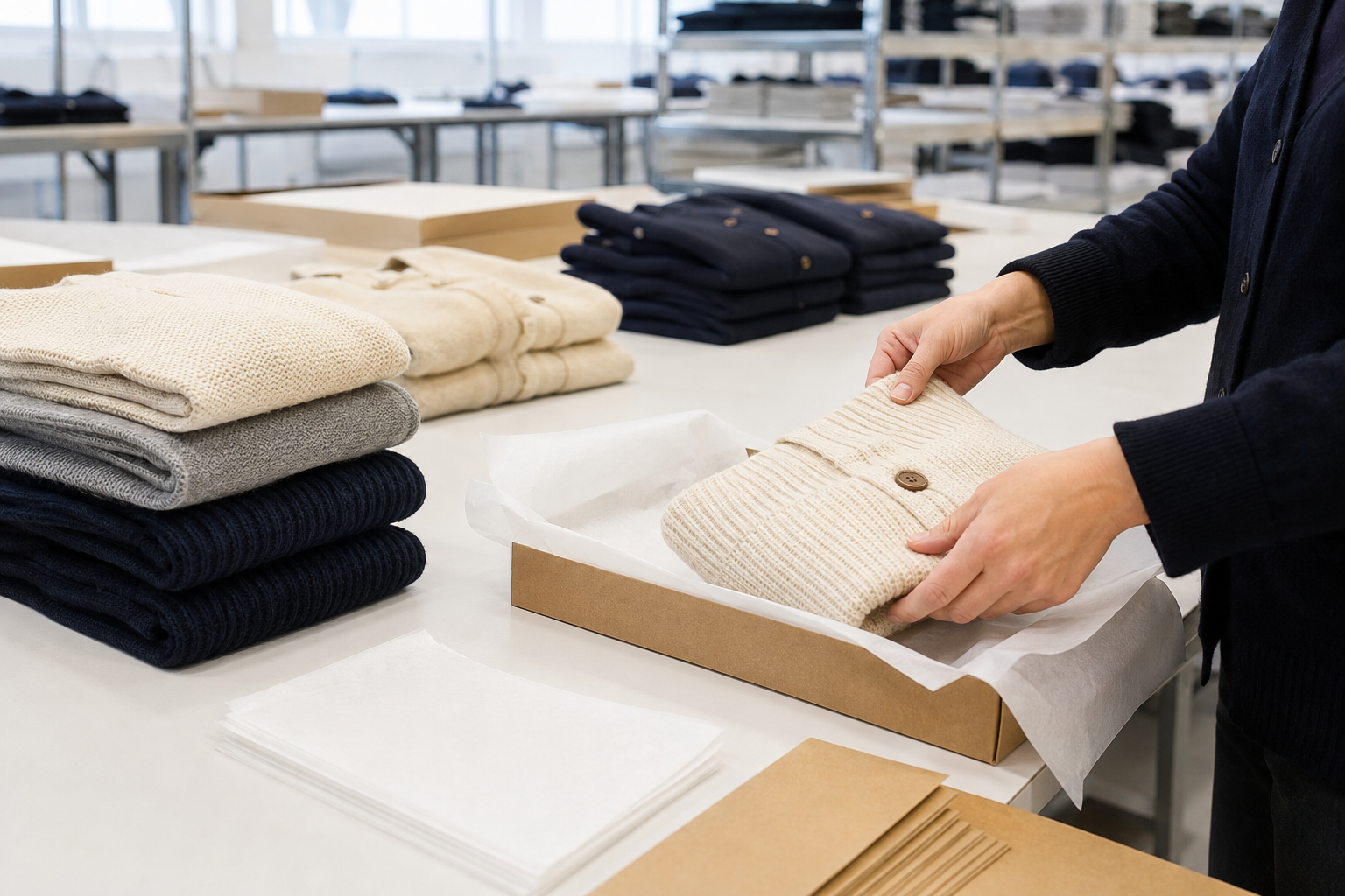 Finished knitwear garments undergoing appearance inspection and packaging preparation