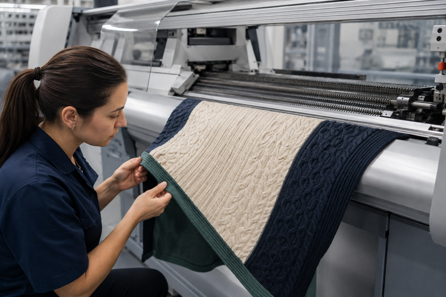 Computerized flat knitting machine producing structured knitwear panels