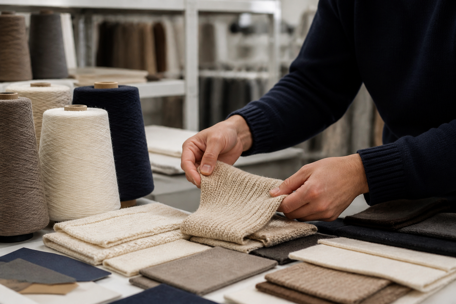Yarn selection and raw material quality check for knitwear production