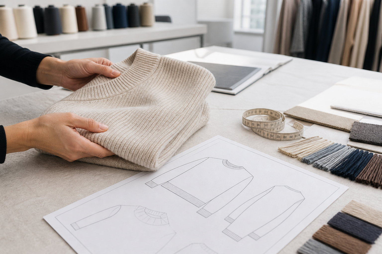 Sample review workspace with knitwear garment and specification notes