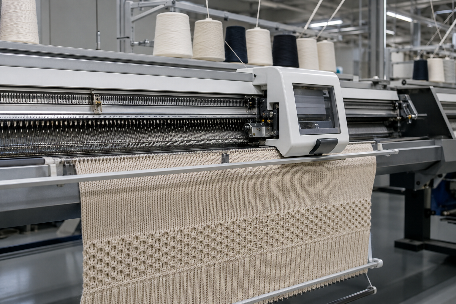 Computerized flat knitting machine producing a structured sweater panel