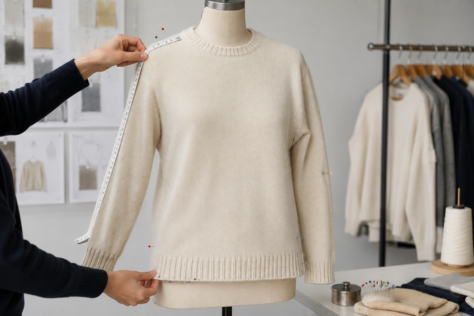 Technical fit review of a knitwear sample on a form with measurement tools
