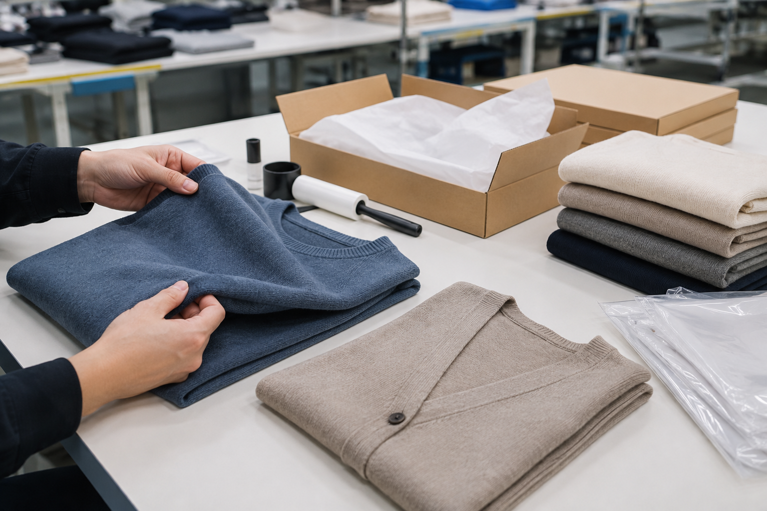 Finished knitwear garments being inspected and folded for shipment preparation