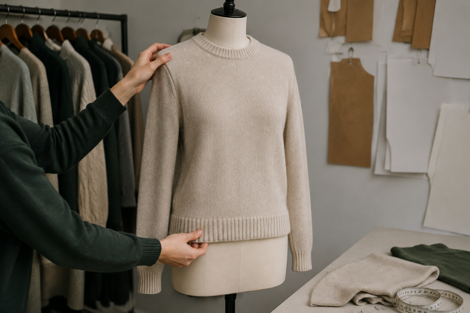 Representative-size knitwear fit review on a technical garment form