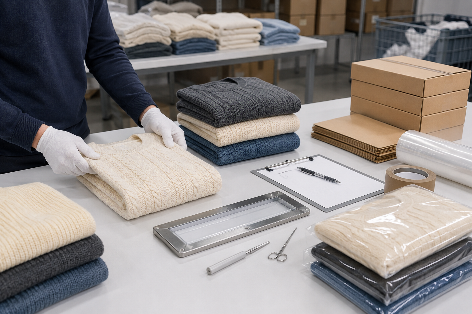 Finished knitwear inspection and organized packing area