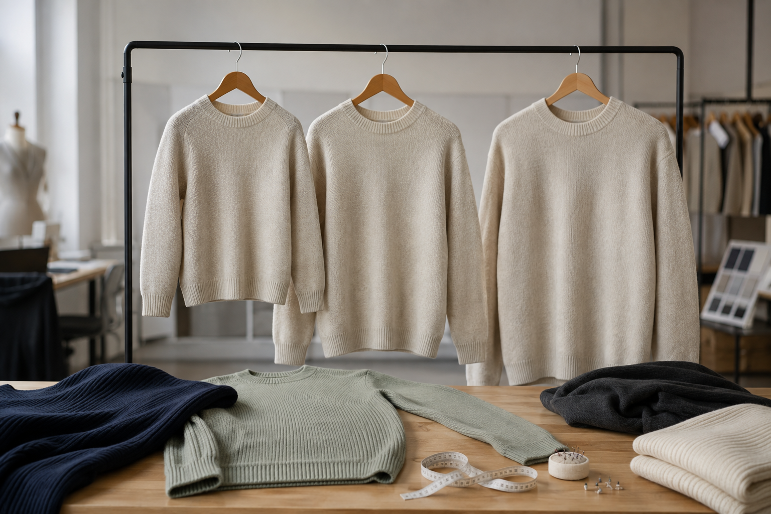 Fit review of representative knitwear sizes on a professional sample rack