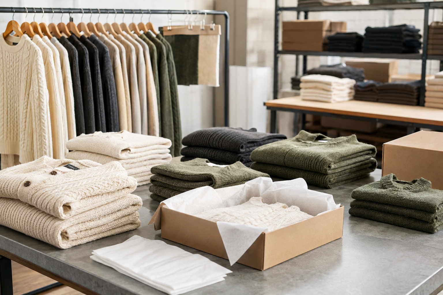 Finished multi-size knitwear samples prepared for inspection and packing