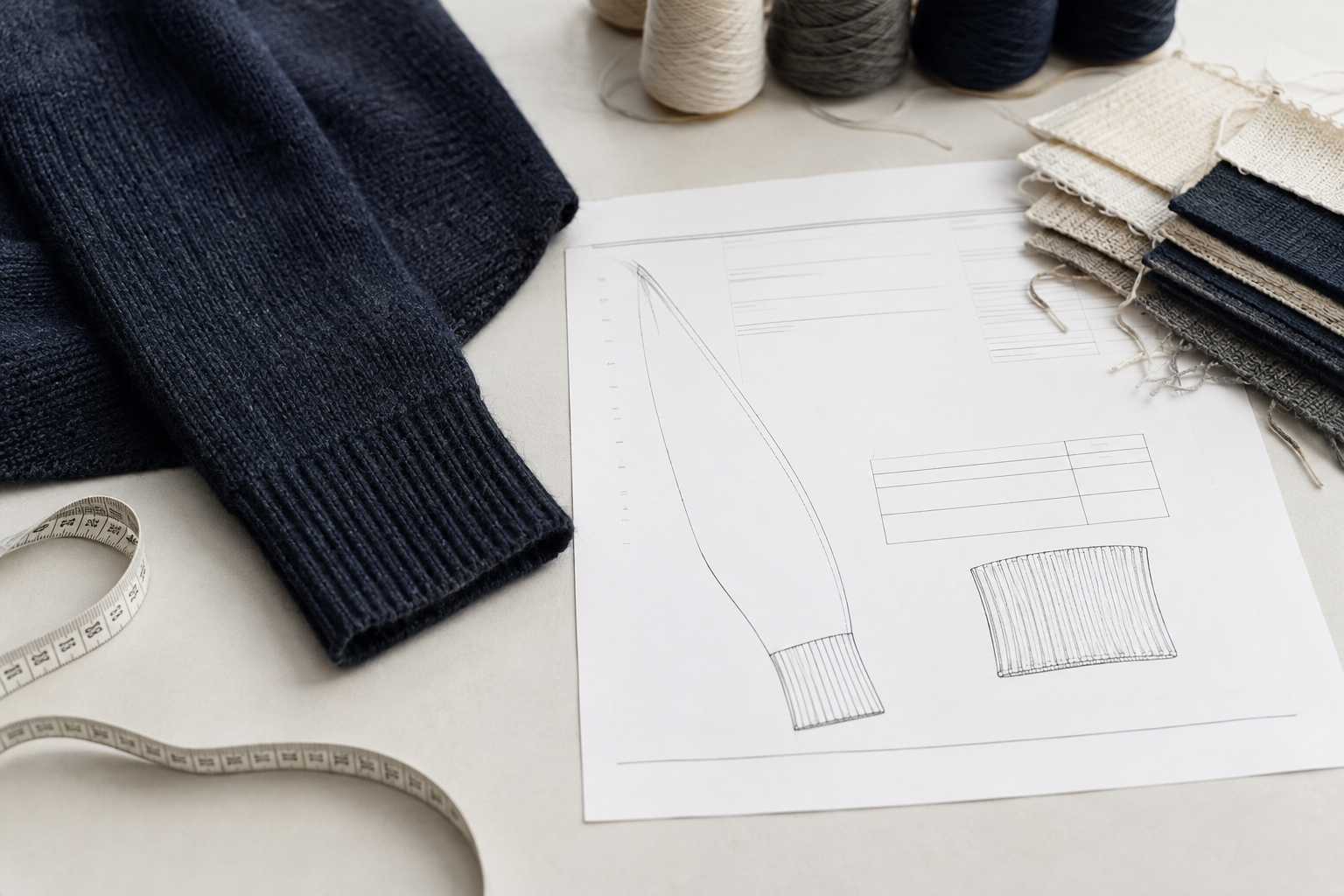 Knitwear sleeve and cuff development brief with yarn swatches and measurement references