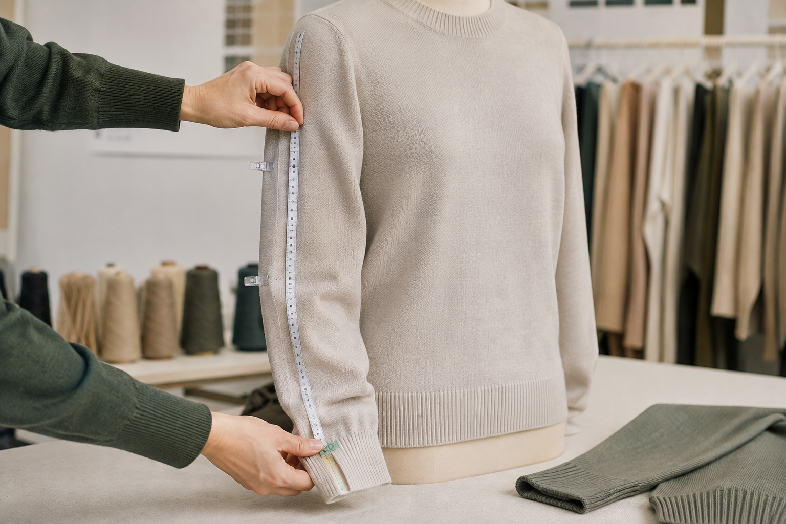 Fit review of knitwear sleeve length and cuff position on a mannequin