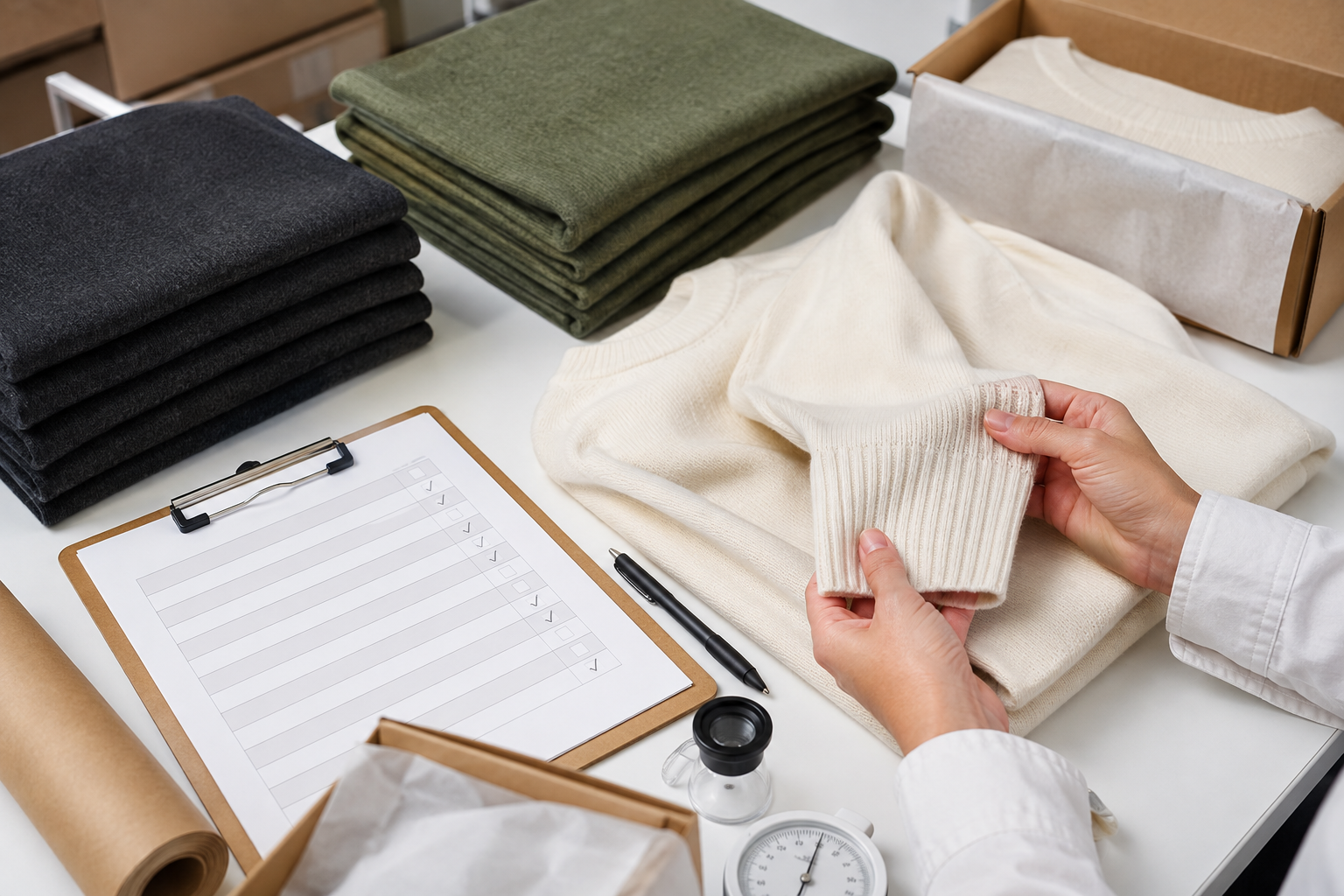 Finished knitwear sleeve and cuff inspection beside folded garments and packaging materials