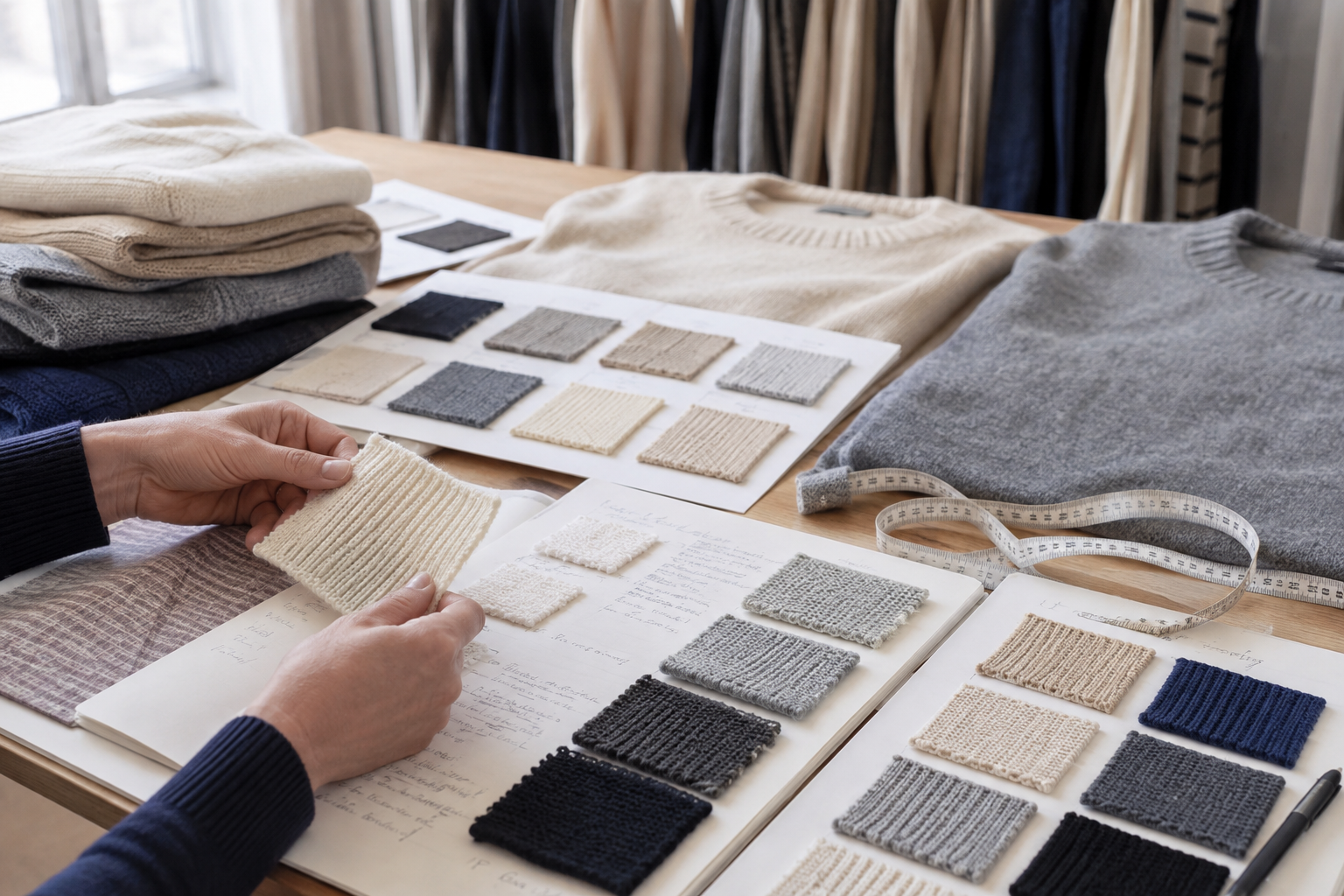 B2B knitwear development brief with sweater references and hand-feel notes