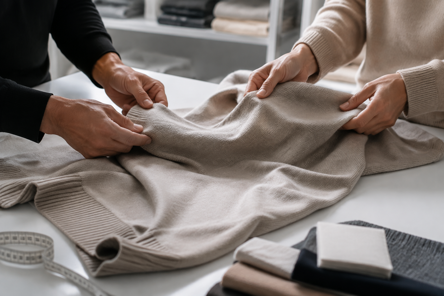 Apparel team reviewing knitwear hand feel, drape and fit on a sample garment
