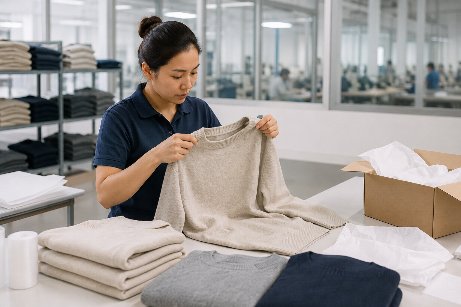 Finished knitwear undergoing appearance inspection before packaging and shipment