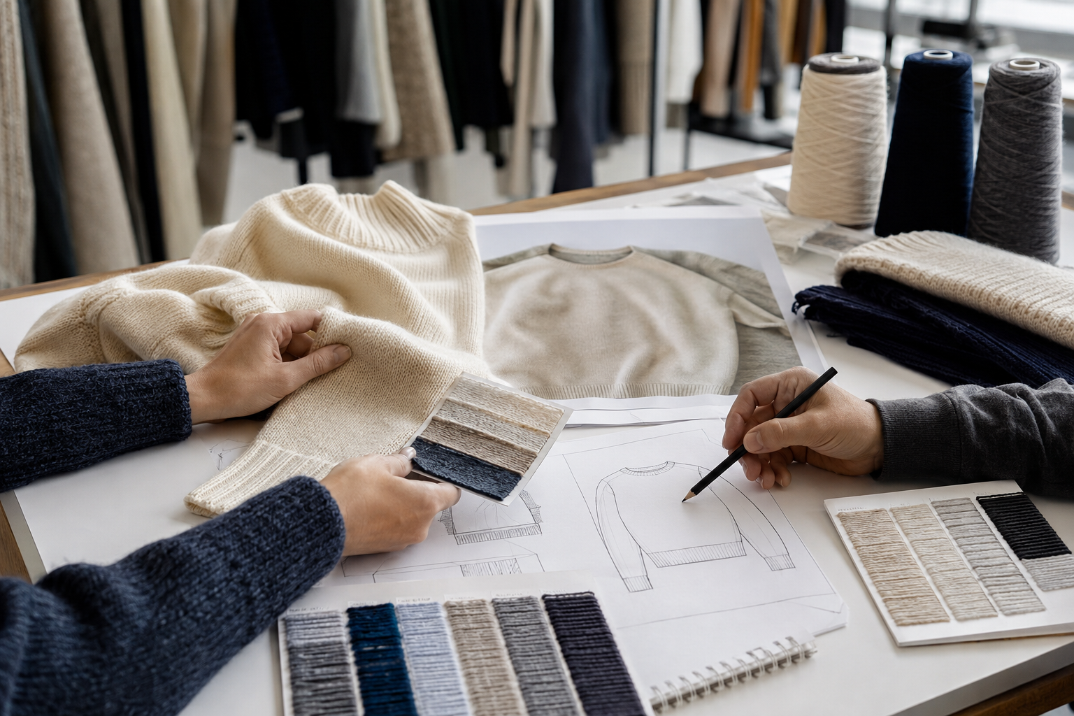 Knitwear structure development brief with sweater references and swatches