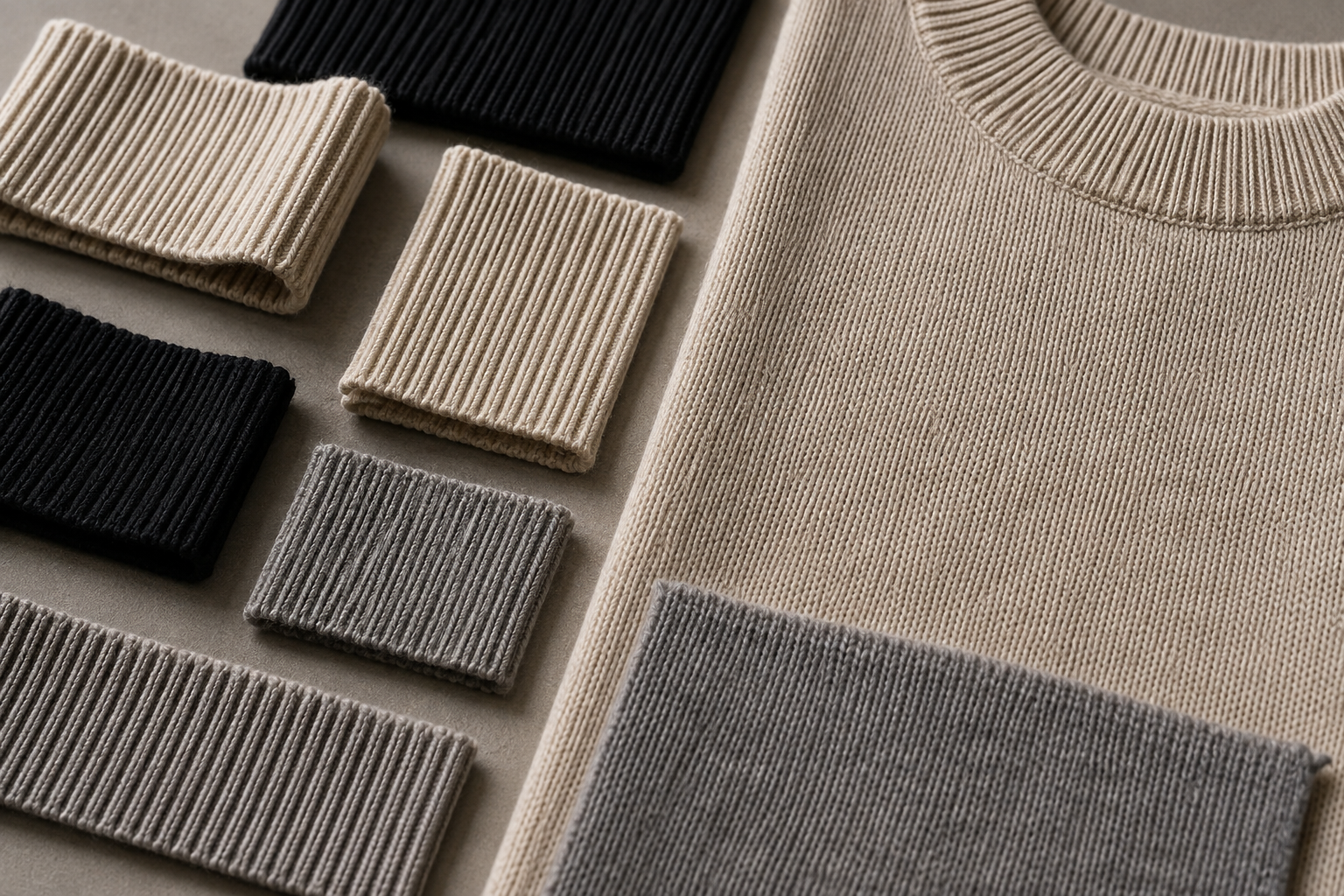 Rib knit cuffs hem and neckline samples for knitwear development