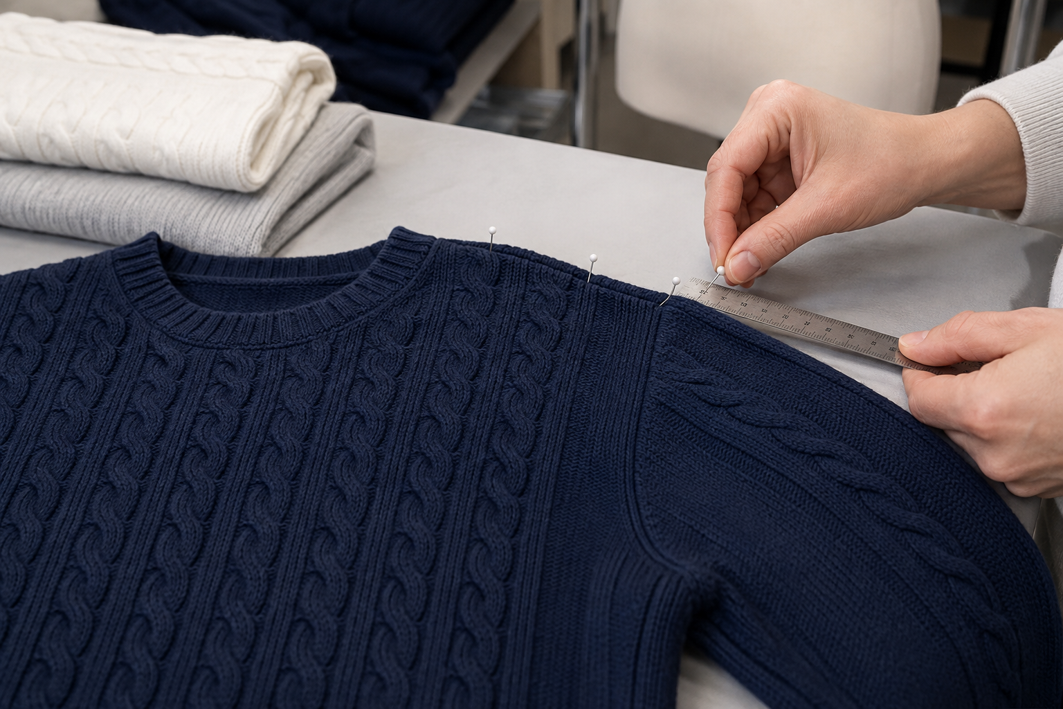 Cable knit panel aligned with fully fashioned shoulder construction